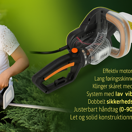 Hækkeklipper 620W, elektrisk med justerbart håndtag og sikkerhedsudstyr