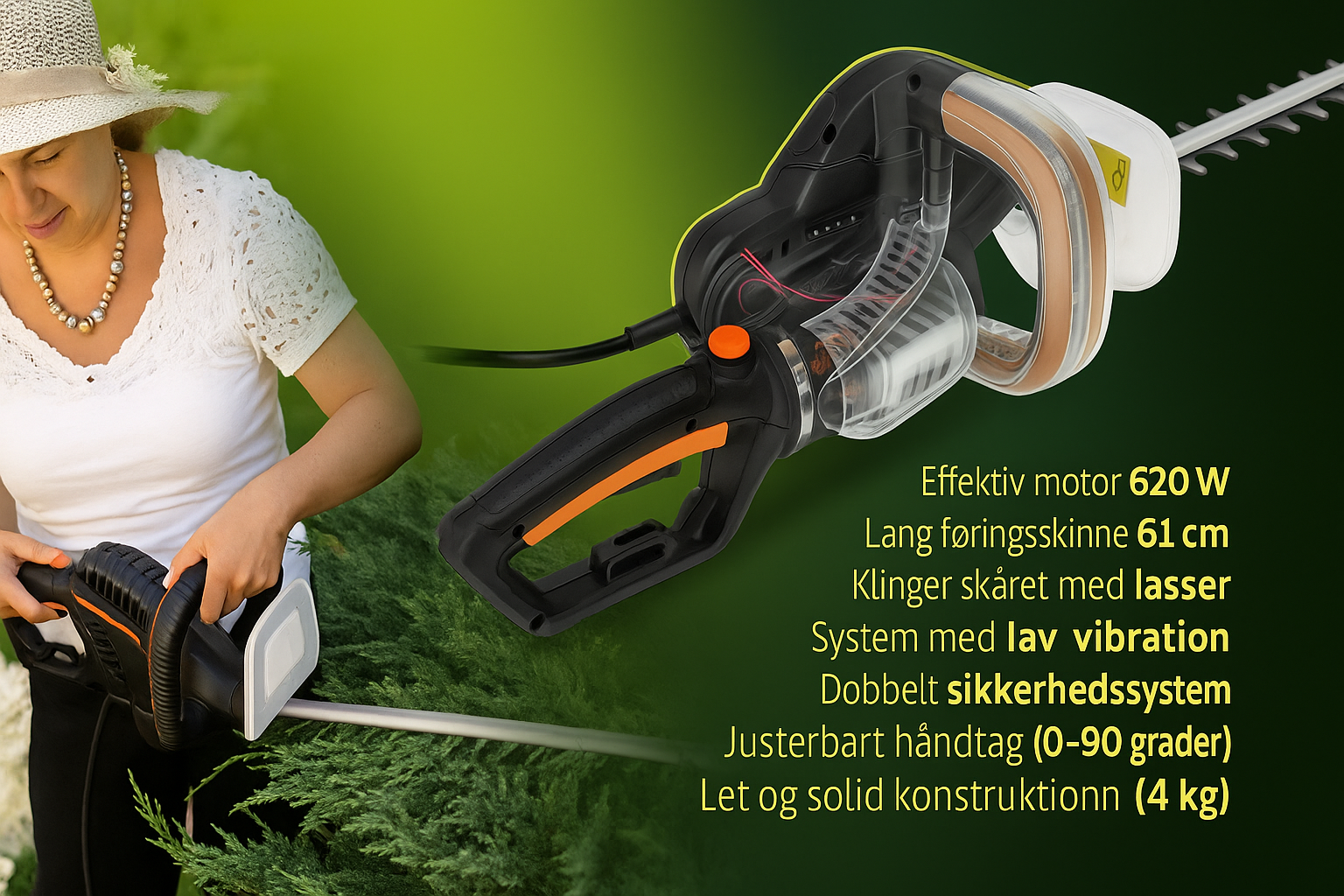 Hækkeklipper 620W, elektrisk med justerbart håndtag og sikkerhedsudstyr