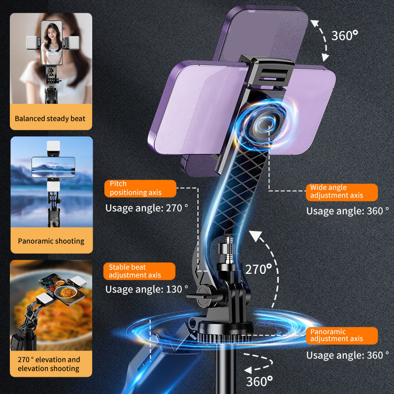 Selfiestang, 175 cm, med LED-lys, fjernbetjening & tripod-funktion