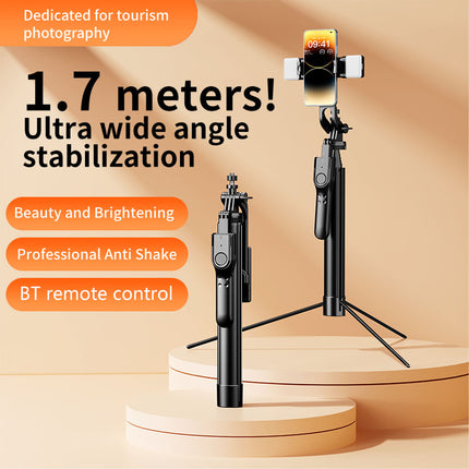 Selfiestang, 175 cm, med LED-lys, fjernbetjening & tripod-funktion