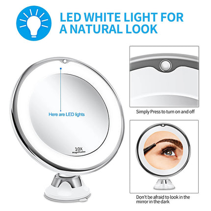 10x Forstørrelsesspejl med LED-lys og Sugekop – Perfekt til Makeup og Rejser