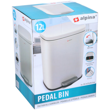 Pedalspand fra Alpina 5 & 12 liter, i mat hvid med soft lukke funktion