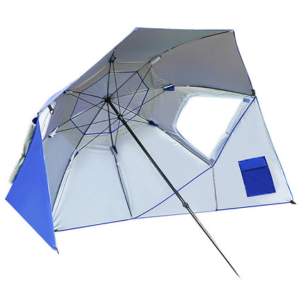 Strandparasol stor model, beskytter både mod sol og vind.