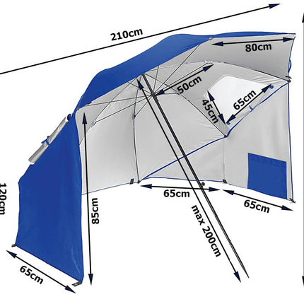 Strandparasol stor model, beskytter både mod sol og vind.