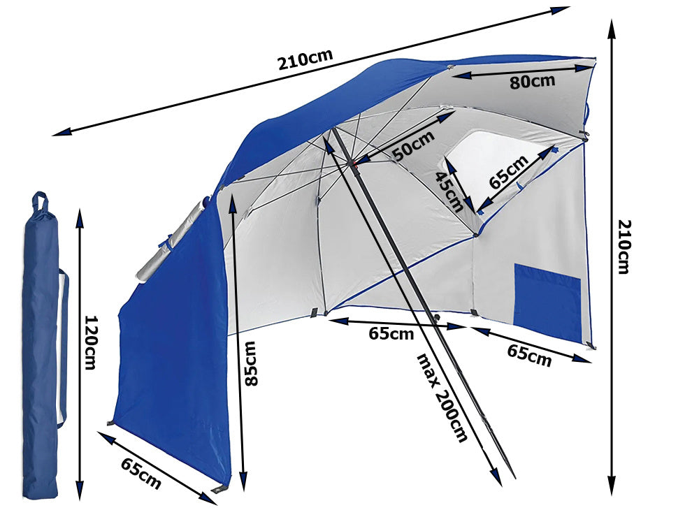 Strandparasol stor model, beskytter både mod sol og vind.