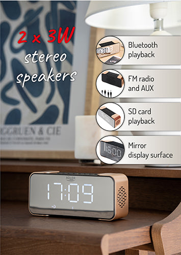 Radio i kobber farve med Vækkeur med Bluetooth og FM Radio