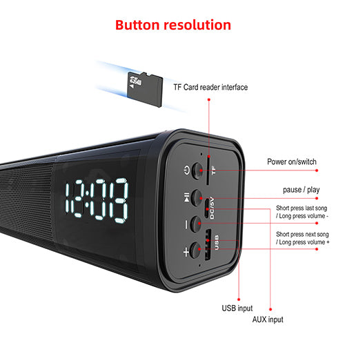 Multifunktionel Bluetooth Soundbar med Ur og Alarm