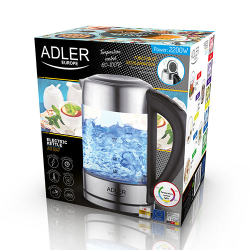 Elkedel 1,7 L i glas, temperaturstyret, med LCD og LED-lys