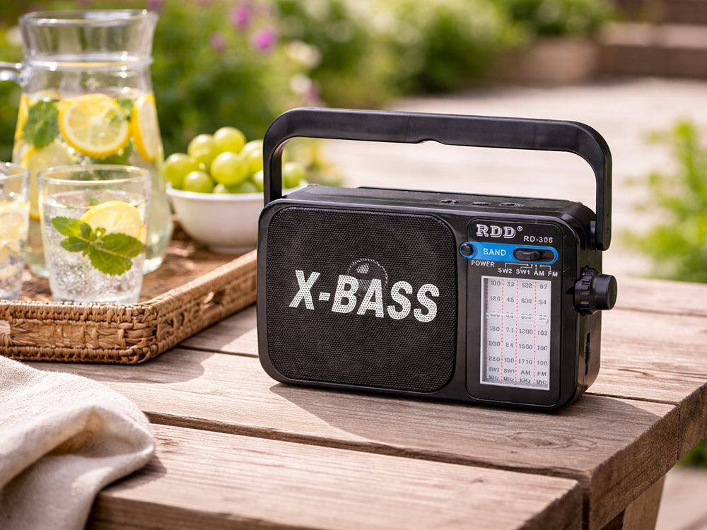 Radio, bærbar, – FM/AM/SW, genopladelig med X-BASS & lommelygte