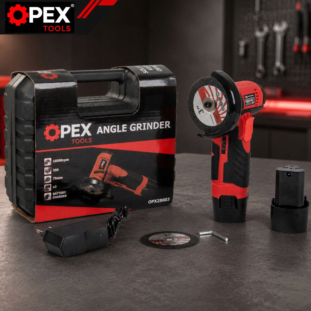 Akku Vinkelsliber 12V 800W – 75 mm med 2 Batterier, 2 Skiver og Kuffert