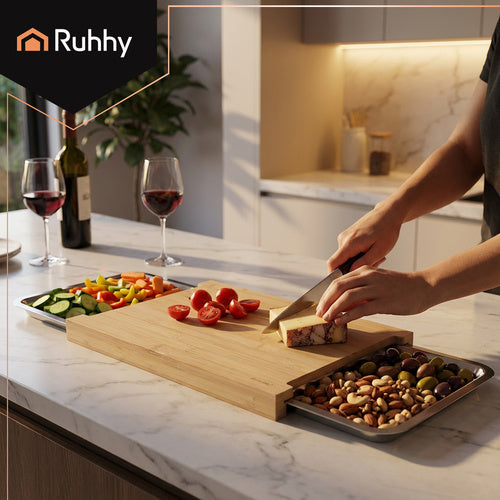 Skærebræt i Bambus med udtrækkelige beholdere – Smart køkkenorganisering