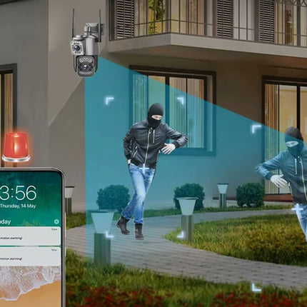 Udendørs overvågningskamera med to Linser, 4G & WiFi – Roterende, 6MP, nattesyn & bevægelsesdetektor