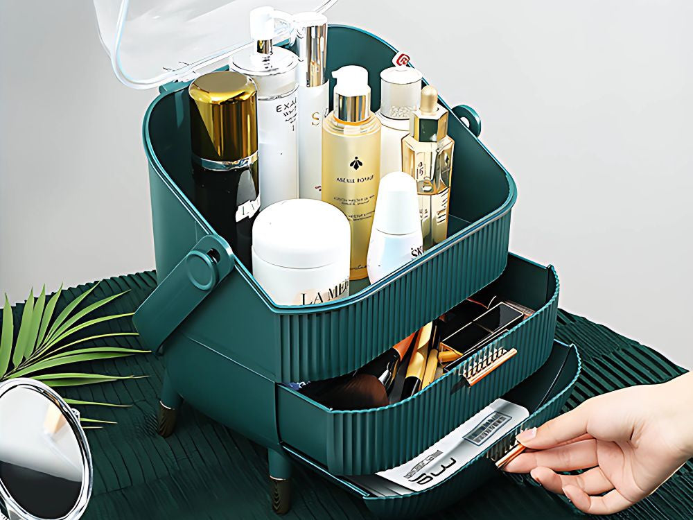 Elegant og rummelig kosmetik organisator med skuffer og håndtag