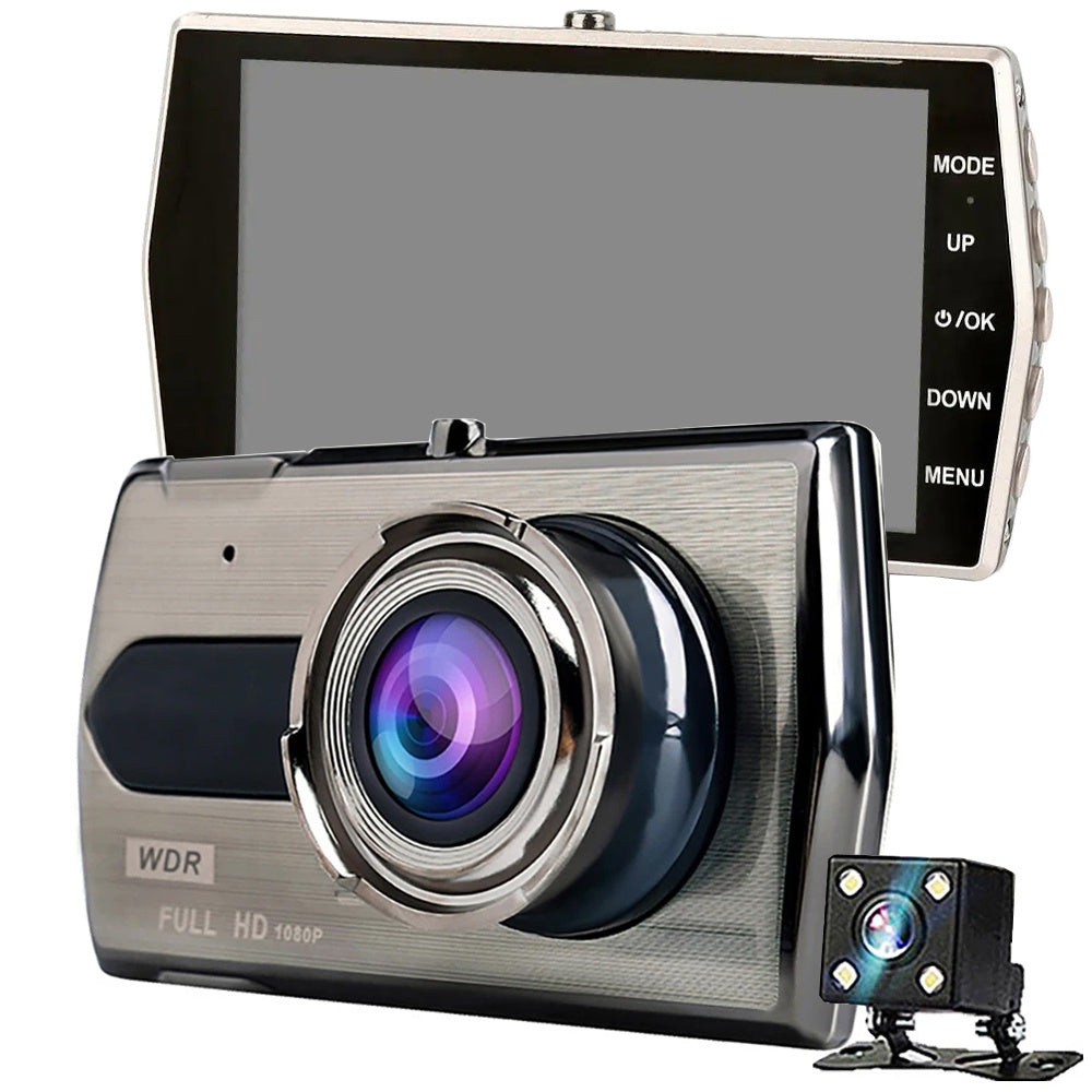 Full HD Bilkamera med 4" LCD-skærm og 2 kamera (Foran og bakkamera)