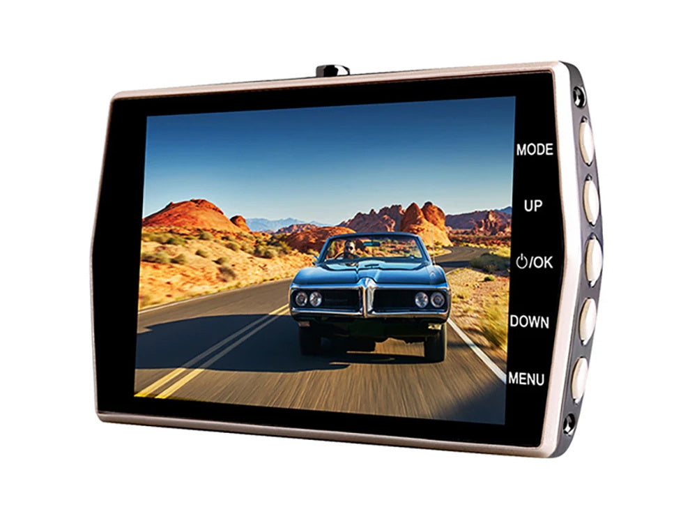 Full HD Bilkamera med 4" LCD-skærm og 2 kamera (Foran og bakkamera)