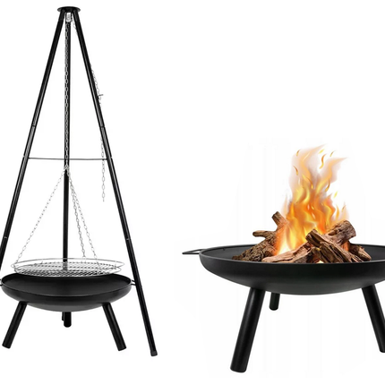 Havepejs med trefod og grillrist – elegant bålsted til haven