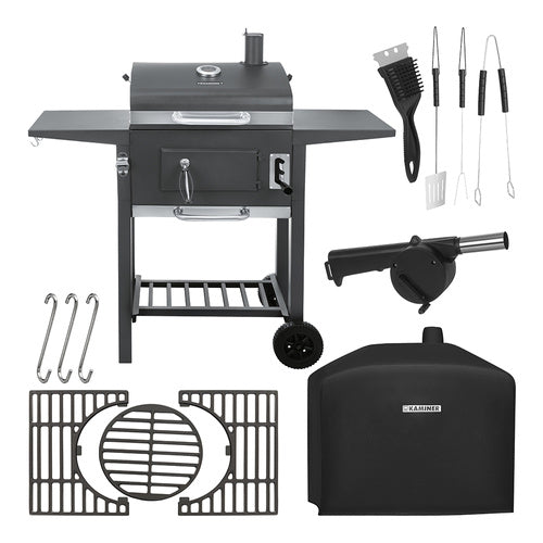 Kulgrill med Låg, Termometer og Støbejernsriste – Inkl. Overtræk & Grilltilbehør