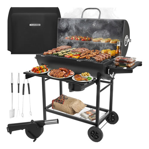 Stor kulgrill med låg, termometer & hylder – 2 riste & askeskuffe