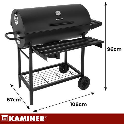 Stor kulgrill med låg, termometer & hylder – 2 riste & askeskuffe