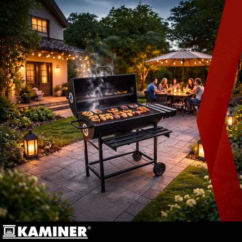 Stor kulgrill med låg, termometer & hylder – 2 riste & askeskuffe