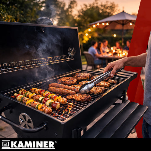 Stor kulgrill med låg, termometer & hylder – 2 riste & askeskuffe