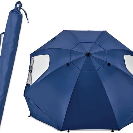 Strandparasol stor model, beskytter både mod sol og vind.