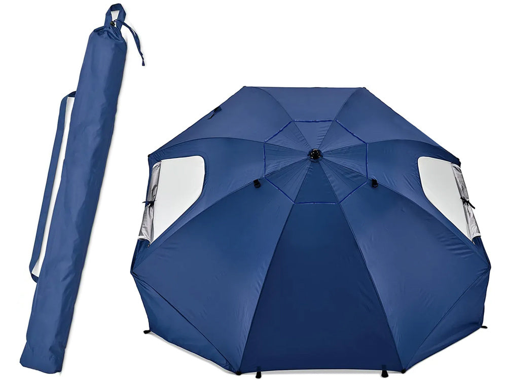 Strandparasol stor model, beskytter både mod sol og vind.