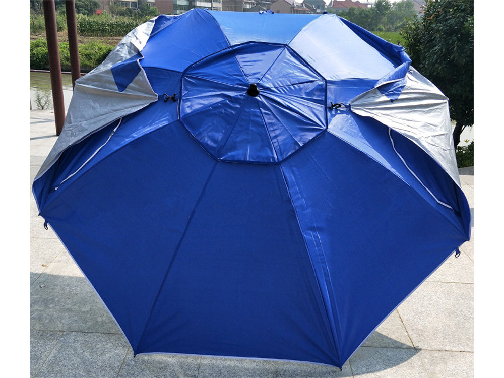 Strandparasol stor model, beskytter både mod sol og vind.