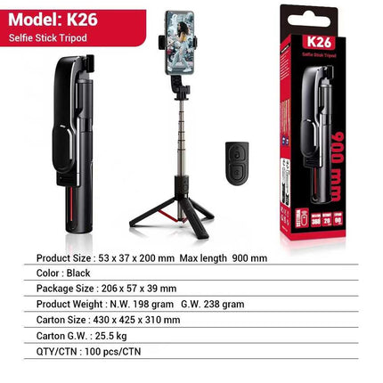 Selfie Stang & tripod med bluetooth fjernbetjening og justerbart lys