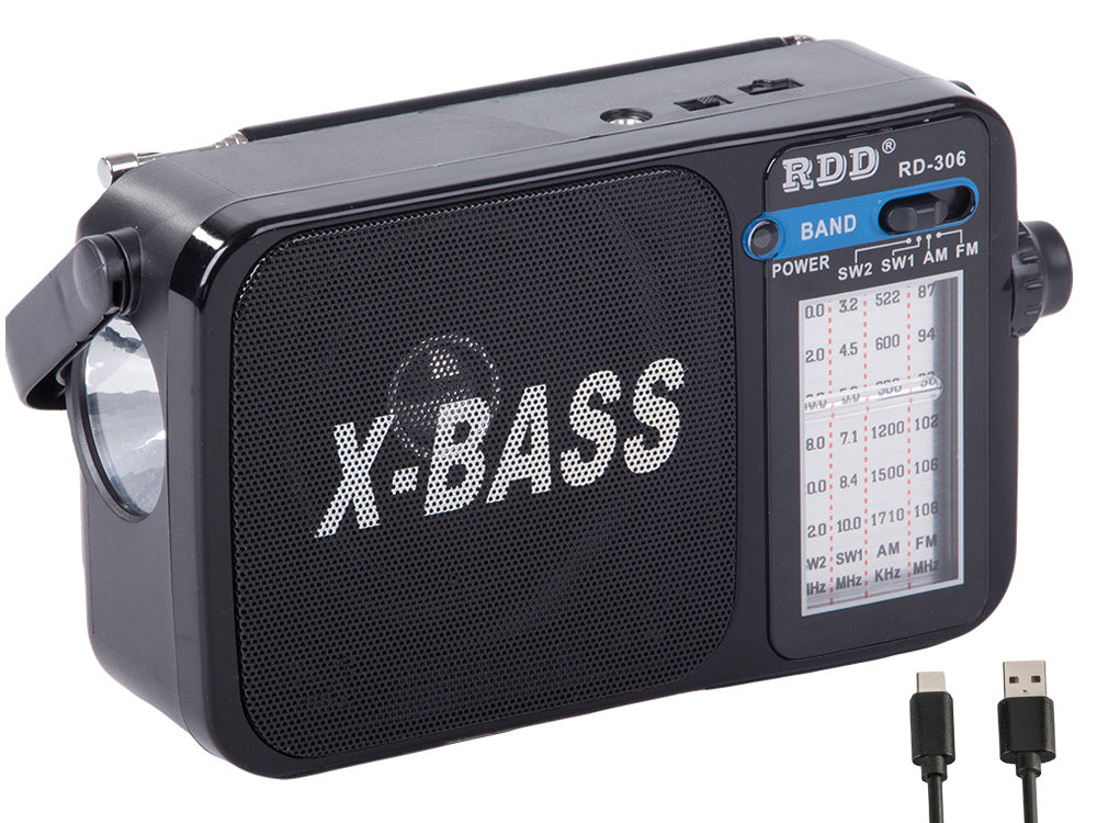 Radio, bærbar, – FM/AM/SW, genopladelig med X-BASS & lommelygte