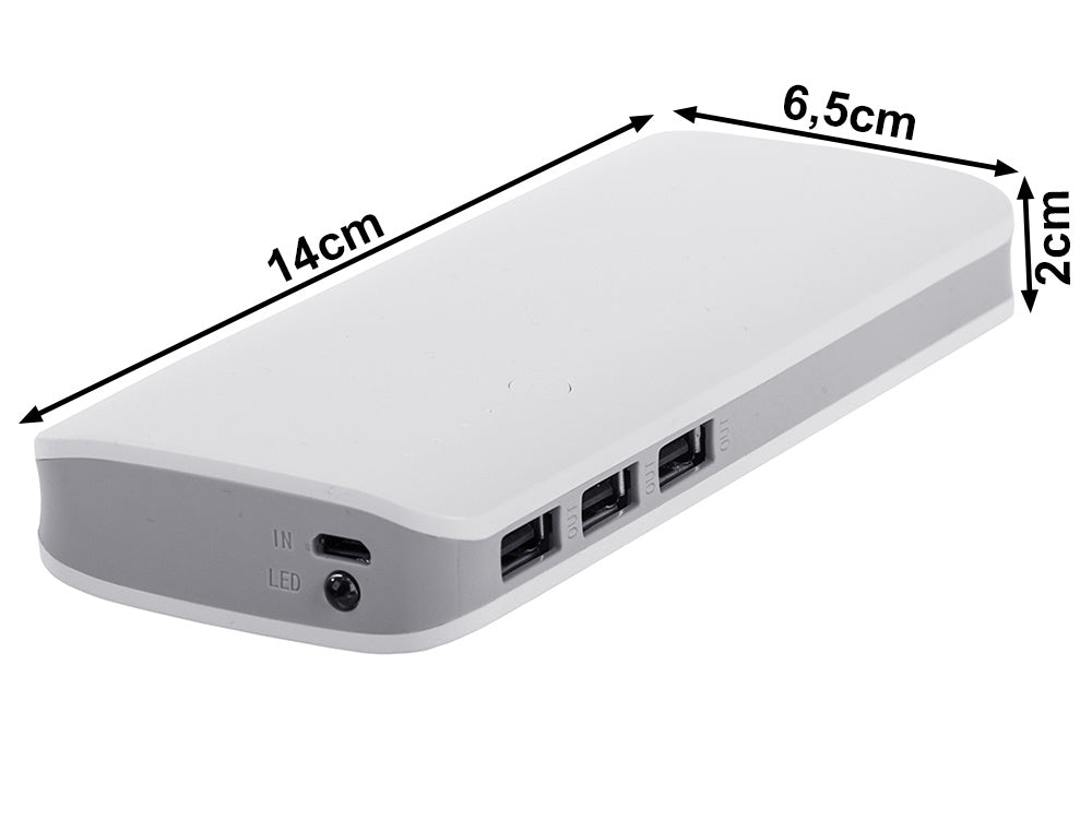 Powerbank 10.000mAh med 3x USB, hurtig opladning & LED lygte