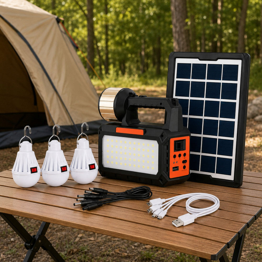 Solcelle lampe med LED, Solpanel, FM Radio, Bluetooth & 3 Ekstra Lamper