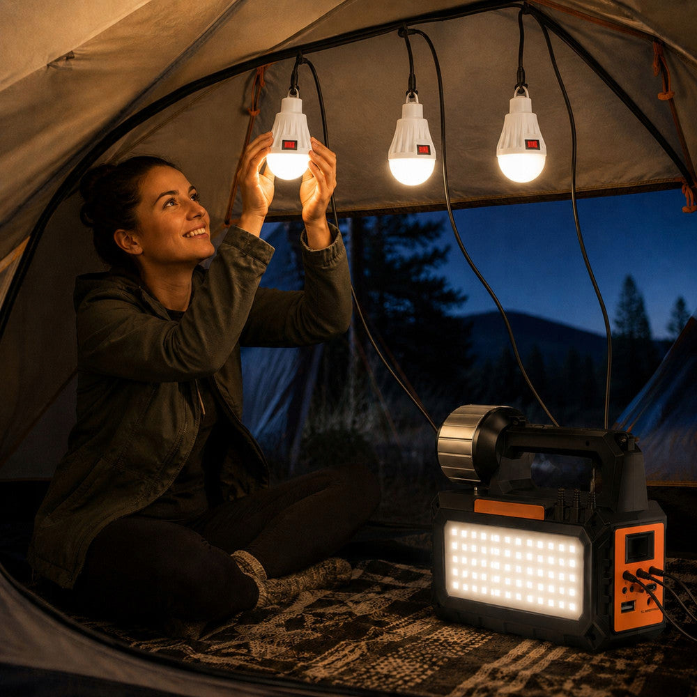 Solcelle lampe med LED, Solpanel, FM Radio, Bluetooth & 3 Ekstra Lamper