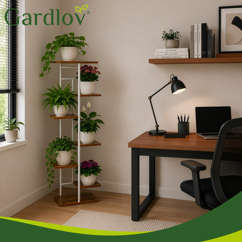 Blomsterreol med 7 Hylder i Loft Design – Hvid Plantestander med Trælook