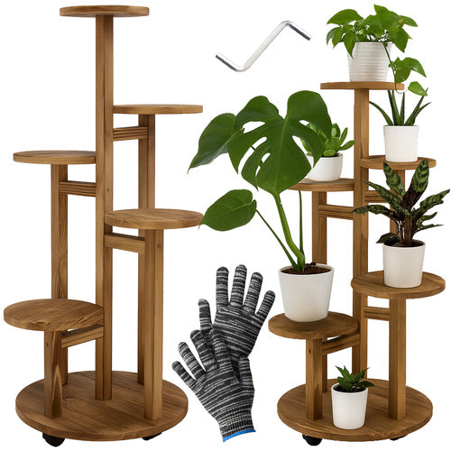 Høj blomsterstander i træ – planteholder med 6 niveauer til 7 potter
