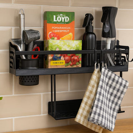 Køkkenreol til væg, dobbeltlags –opbevaring med cutter-Holder og redskabsspand