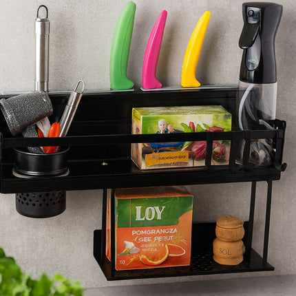 Køkkenreol til væg, dobbeltlags –opbevaring med cutter-Holder og redskabsspand