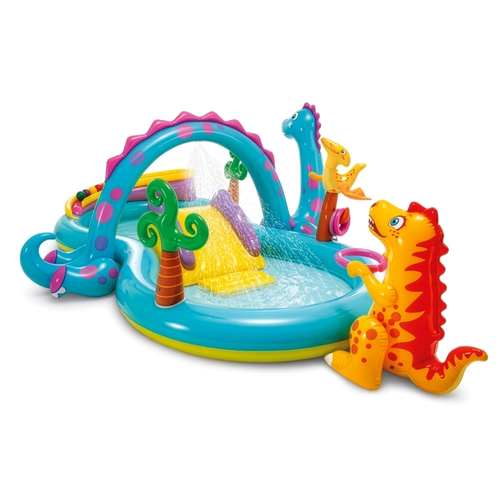 Dinoland Vandlegeplads med Rutsjebane, Springvand og 6 Bolde – 302 x 229 x 112 cm