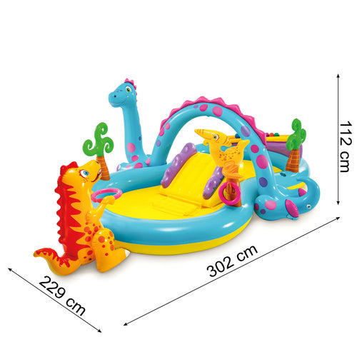 Dinoland Vandlegeplads med Rutsjebane, Springvand og 6 Bolde – 302 x 229 x 112 cm