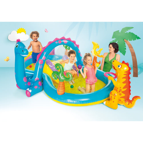 Dinoland Vandlegeplads med Rutsjebane, Springvand og 6 Bolde – 302 x 229 x 112 cm