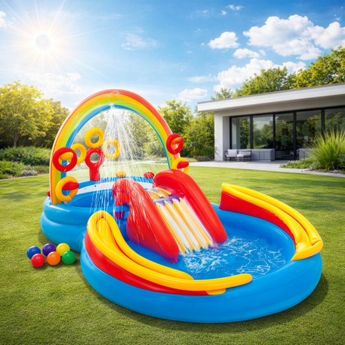 Rainbow Vandlegeplads med Rutsjebane, Springvand, Ringe og Bolde – 297 x 193 x 135 cm