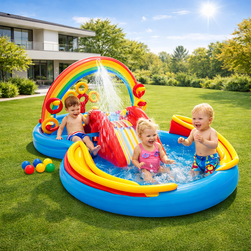 Rainbow Vandlegeplads med Rutsjebane, Springvand, Ringe og Bolde – 297 x 193 x 135 cm