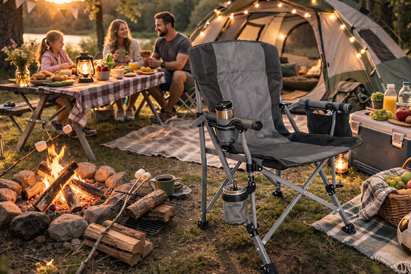 Campingstol, Sammenklappelig med høj ryg og kopholder – blå og grå