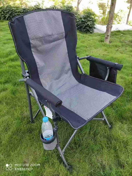 Campingstol, Sammenklappelig med høj ryg og kopholder – blå og grå