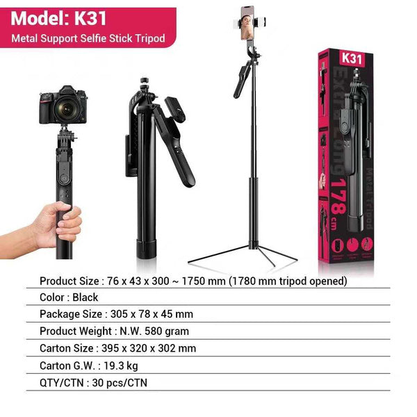 Selfiestang, 175 cm, med LED-lys, fjernbetjening & tripod-funktion