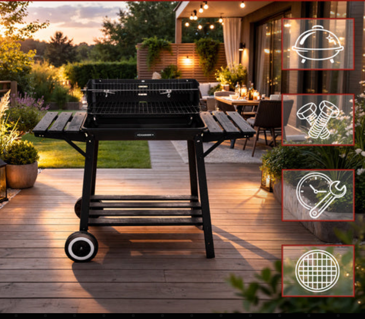 Kulgrill med Rotisserie og varmehylde – havegrill med hylder