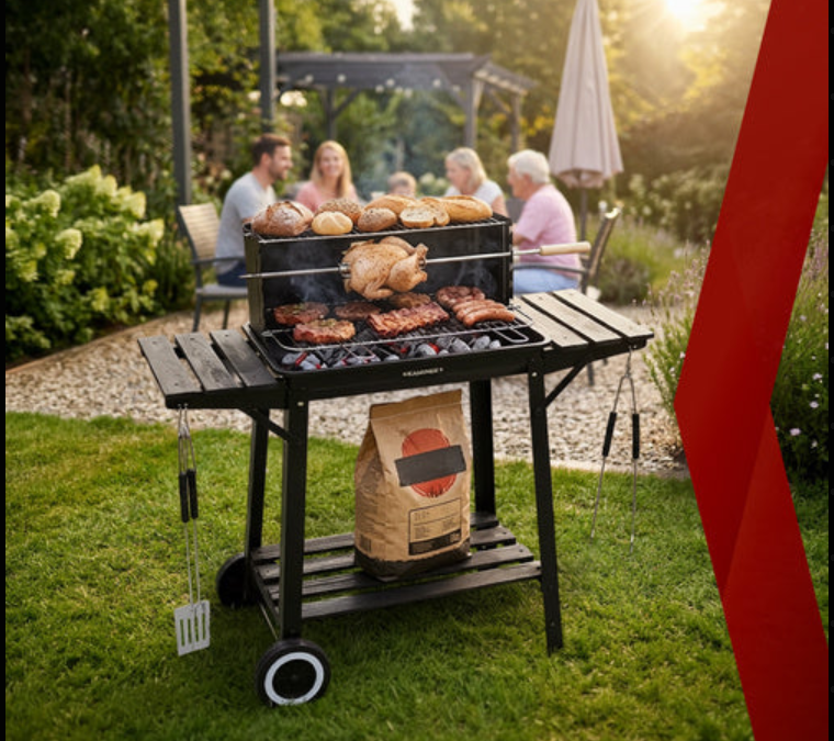 Kulgrill med Rotisserie og varmehylde – havegrill med hylder