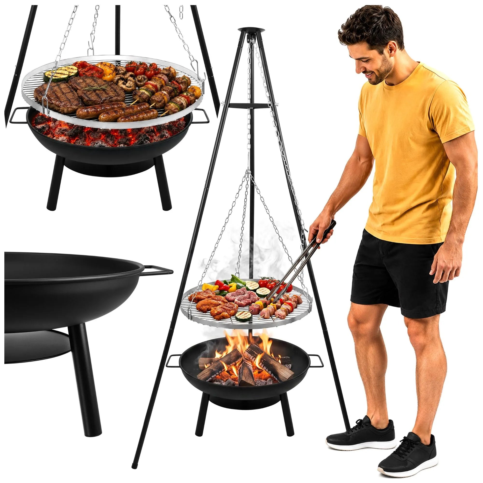 Trebensgrill med Bålfad – Hængegrill med 58 cm Grillrist & Justerbar Højde