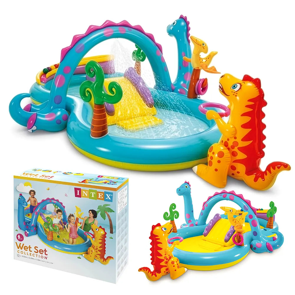 Dinoland Vandlegeplads med Rutsjebane, Springvand og 6 Bolde – 302 x 229 x 112 cm