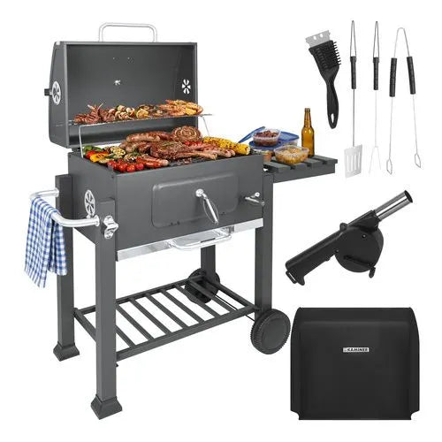 Kulgrill med Låg & Termometer – Stor Havegrill med Støbejernsrist, Askeskuffe & Tilbehør